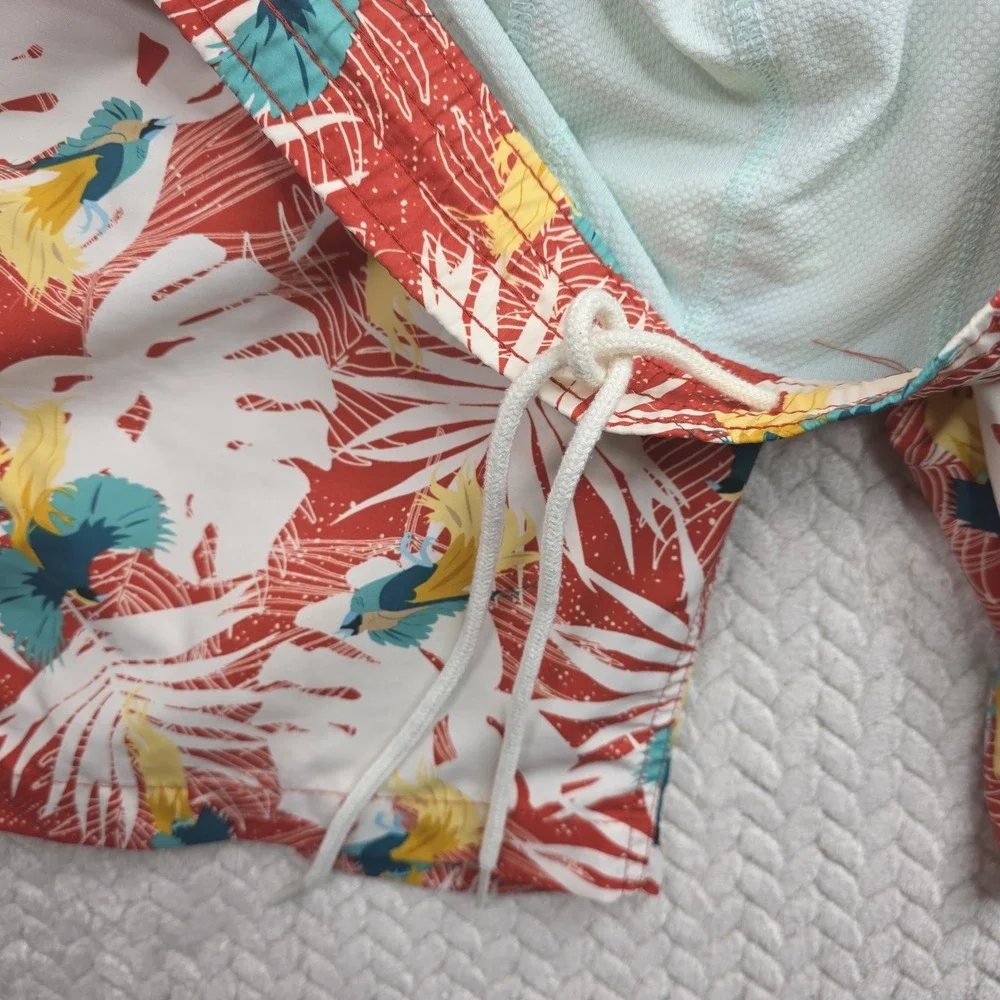 Duluth Trading Co Mens 2XL Tropical Bird Palm‎ Swim Trunks Red White 48 Waist